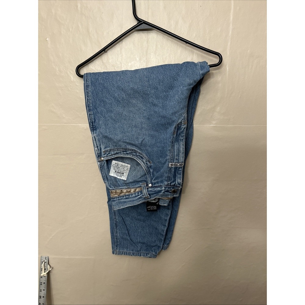 Vintage BOSS Baggy Jeans Washed Indigo Leather‎ Trim Size 34